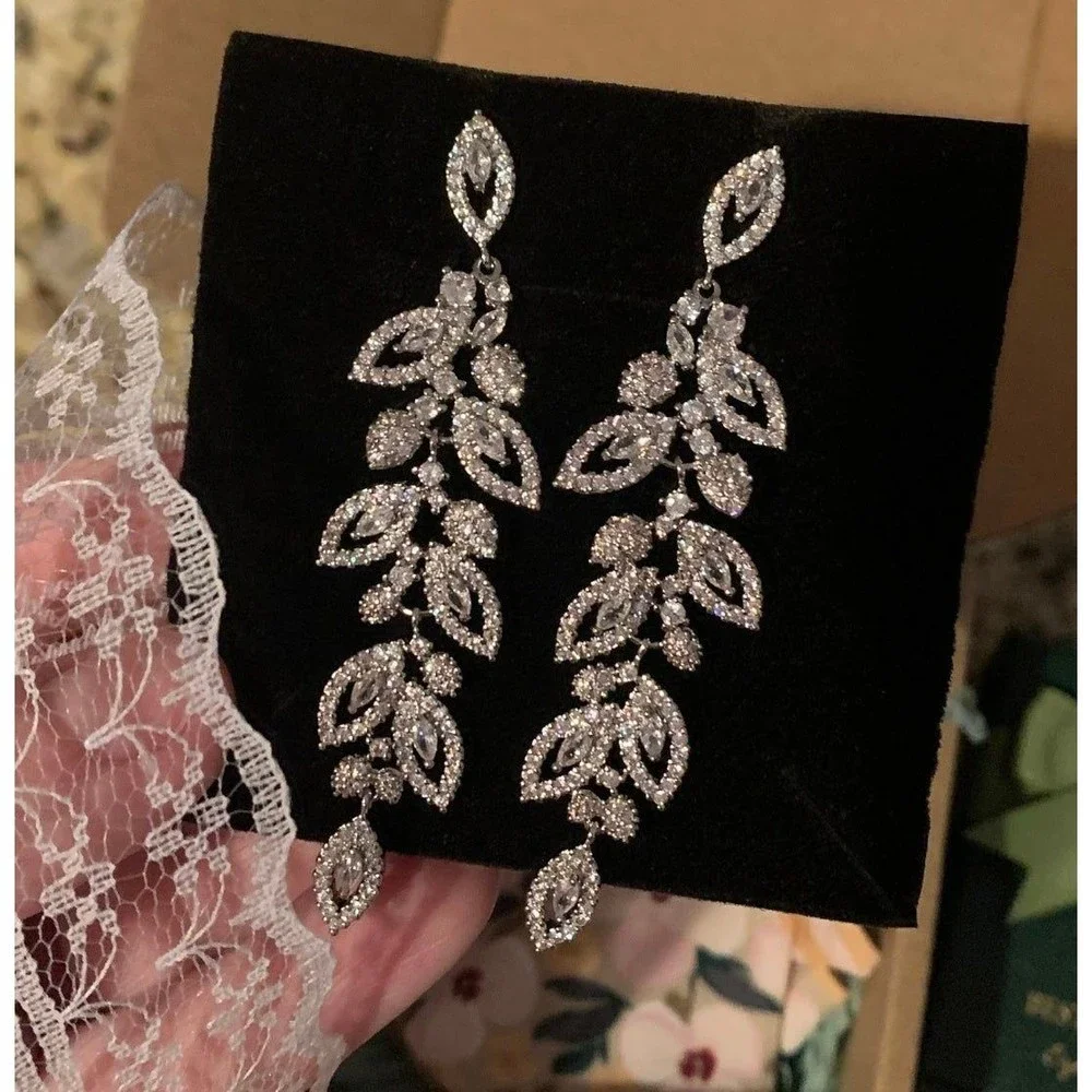 14K Gold Plated Leaflet Special Occasion Dangle Drop Earrings - Picture 9 of 10